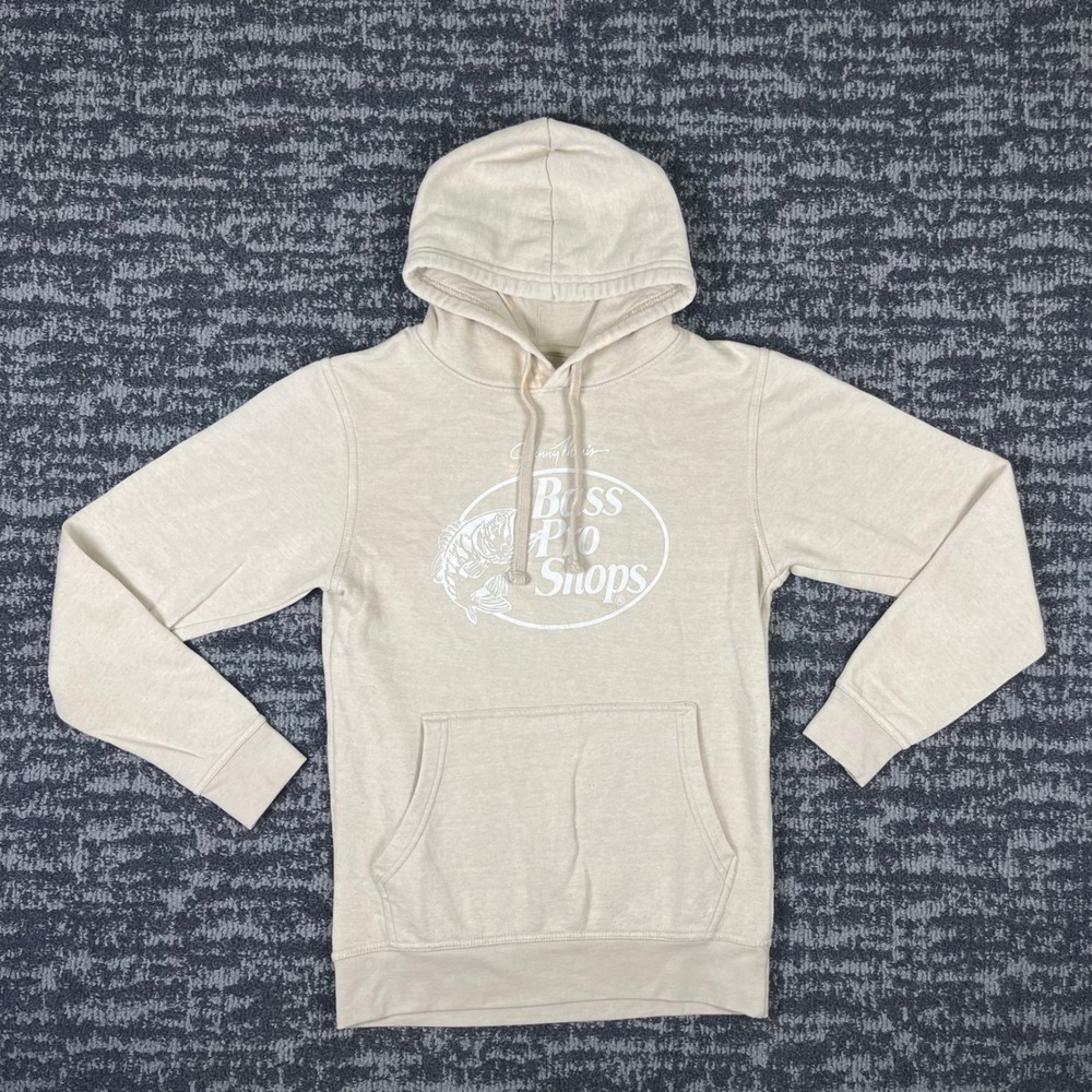 Bass Pro Shops Graphic Hoodie Tan Heather XS Johnny Morris Fishing Sweatshirt